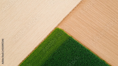 Obraz na płótnie An aerial view of contrasting agricultural fields, showcasing vibrant green grass intersecting with lighter soil tones. w salonie