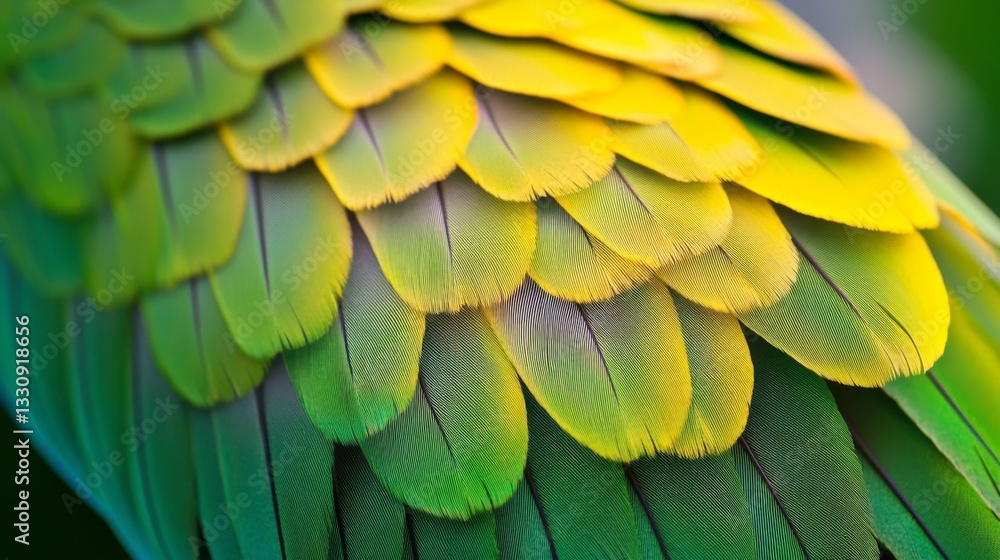 Fototapeta premium Vibrant green and yellow feather close-up for nature and wildlife design