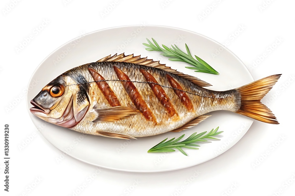 Grilled Whole Fish with Herbs on White Plate, Tasty Seafood Dish for Restaurant Menu and Food Design Grilled Whole Fish with Herbs on White Plate, Tasty Seafood Dish for Restaurant Menu and Food Design