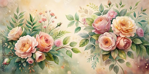 Romantic Watercolor Roses and Foliage, a Delicate Floral Arrangement Featuring Soft Pastel Hues and Lush Greenery, Ideal for Elegant Home Decor and Design Projects