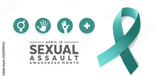Sexual Assault Awareness Month. Ribbon, gender icon, hand and plus icon. Great for cards, banners, posters, social media and more. White background.
