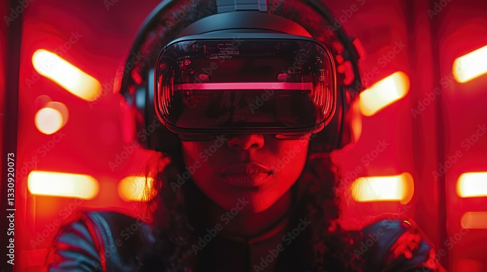 Woman in VR headset, red neon lights. Woman in VR headset, red neon lights.