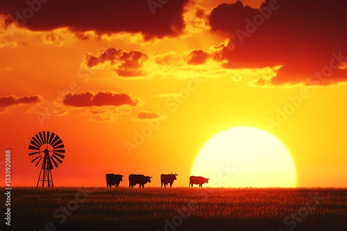 Fototapeta Naklejka Na Ścianę i Meble -  Silhouette cows sunset field windmill