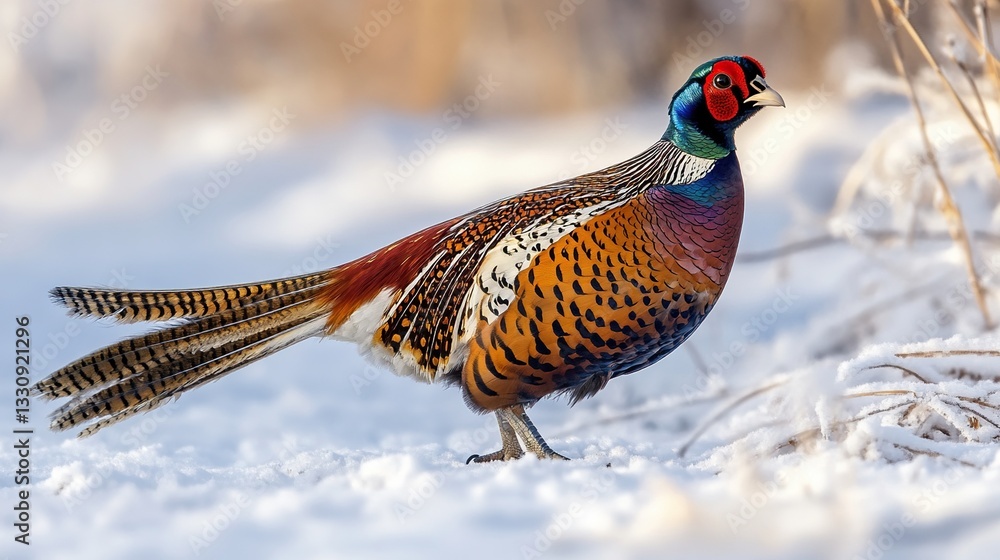 Fototapeta premium Male pheasant in snowy winter habitat.