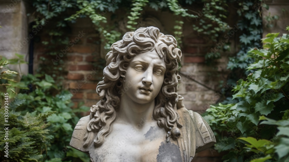 Serene Stone Bust in a Verdant Garden Serene Stone Bust in a Verdant Garden