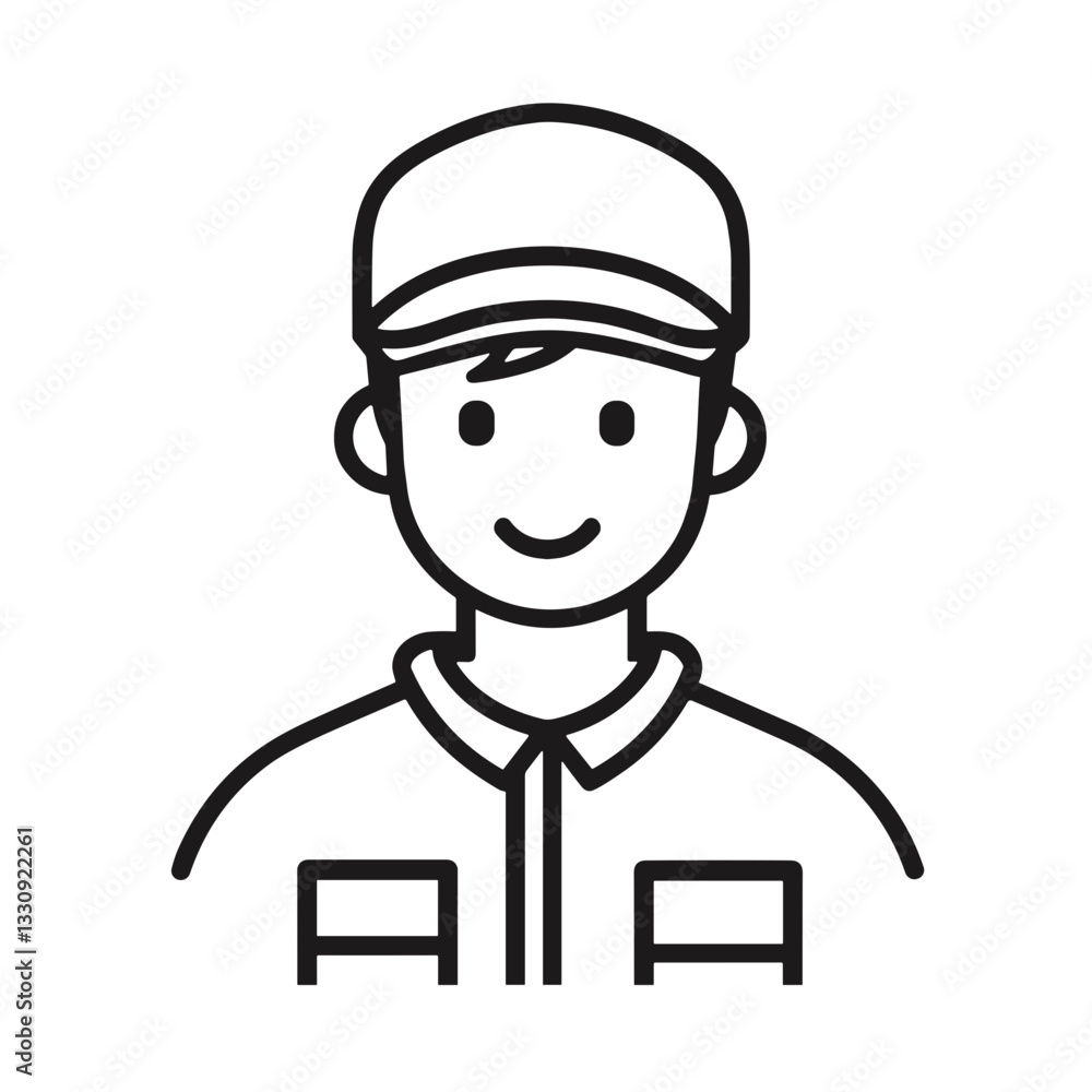 Smiling delivery worker icon in black and white line art. Logistic worker with uniform and cap icon Smiling delivery worker icon in black and white line art. Logistic worker with uniform and cap icon