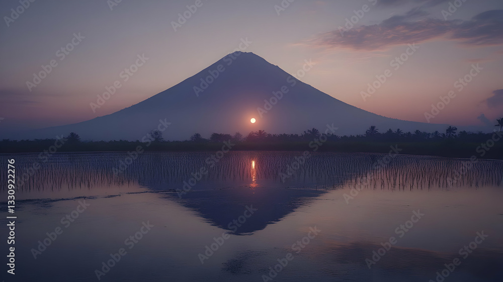 Pixelated Mountain Reflecting in Water at Sunset with Geometric Texture and Blocky Artificial Landscape Pixelated Mountain Reflecting in Water at Sunset with Geometric Texture and Blocky Artificial Landscape