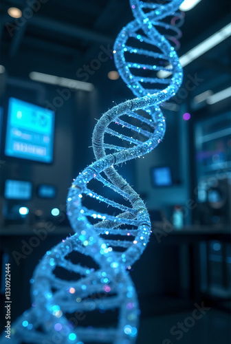 A glowing DNA strand being edited with CRISPR technology, surrounded by futuristic lab equipment and holographic displays showing genetic sequences and medical data.