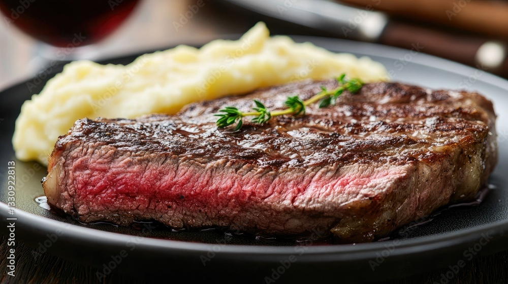 Plated medium-rare steak with a side of mashed potatoes and red wine. Plated medium-rare steak with a side of mashed potatoes and red wine.