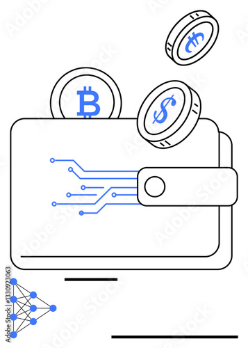 Wallet with circuits emitting digital signals, Bitcoin and dollar coins, blockchain diagram. Ideal for cryptocurrency, digital payment, blockchain, fintech, e-commerce investment security. Flat