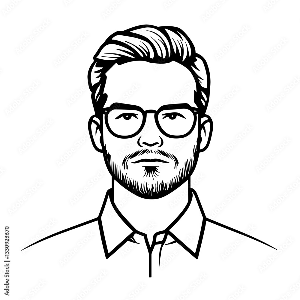 Minimalist Black and White Portrait of a Bearded Man with Glasses Minimalist Black and White Portrait of a Bearded Man with Glasses