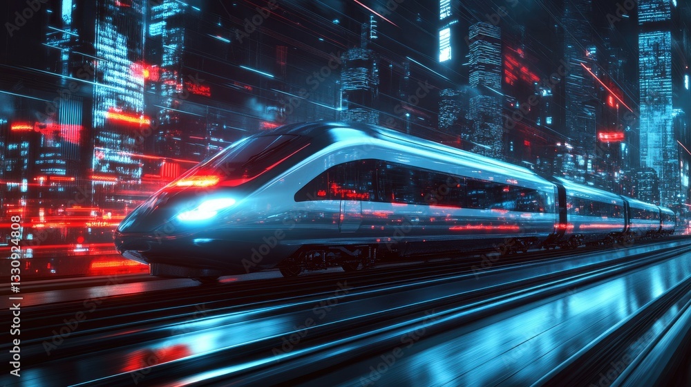 Sleek high-speed train racing through futuristic cityscape at night, neon lights reflecting on smooth rails. Sleek high-speed train racing through futuristic cityscape at night, neon lights reflecting on smooth rails.
