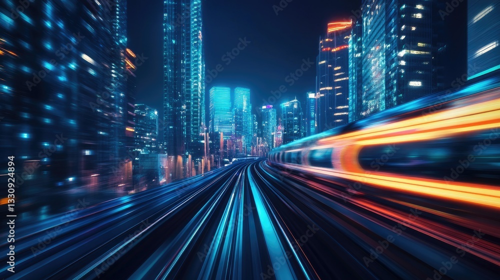 Fototapeta premium Sleek high-speed train racing through futuristic cityscape at night, neon lights reflecting on smooth rails.