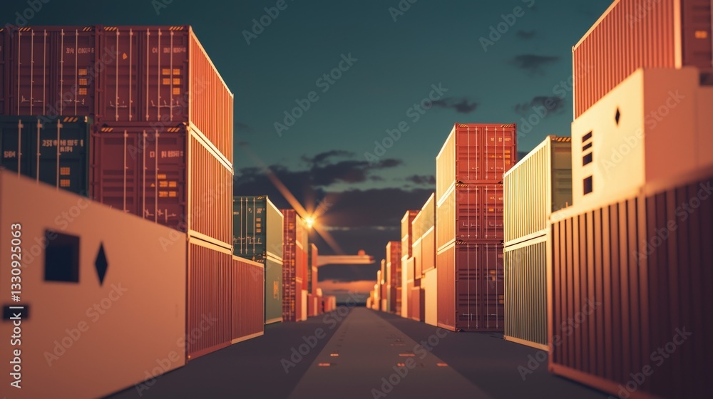 Obraz premium Sunset at the Cargo Port Global Trade Shipping Containers Import Export