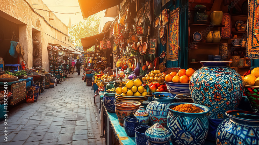 Fototapeta premium A bustling market filled with vibrant stalls displaying handmade crafts, colorful pottery, and fresh fruit