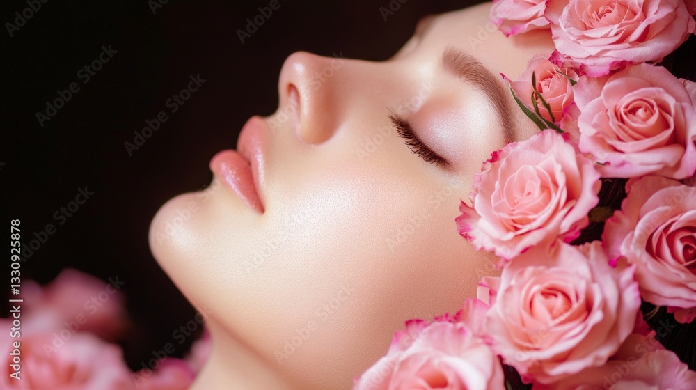 Serene Woman with Pink Roses Beauty Portrait Floral Crown Spa Cosmetics Serene Woman with Pink Roses Beauty Portrait Floral Crown Spa Cosmetics