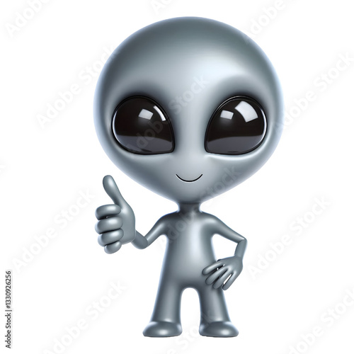 Cute gray alien doing thumbs up on white background