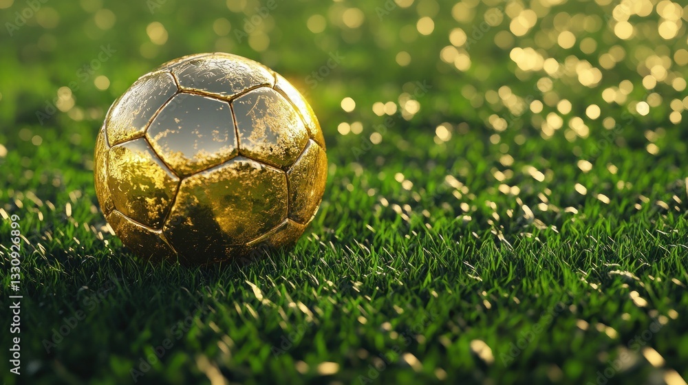 Fototapeta premium Golden Soccer Ball on Lush Green Field: A Symbol of Victory and Triumph