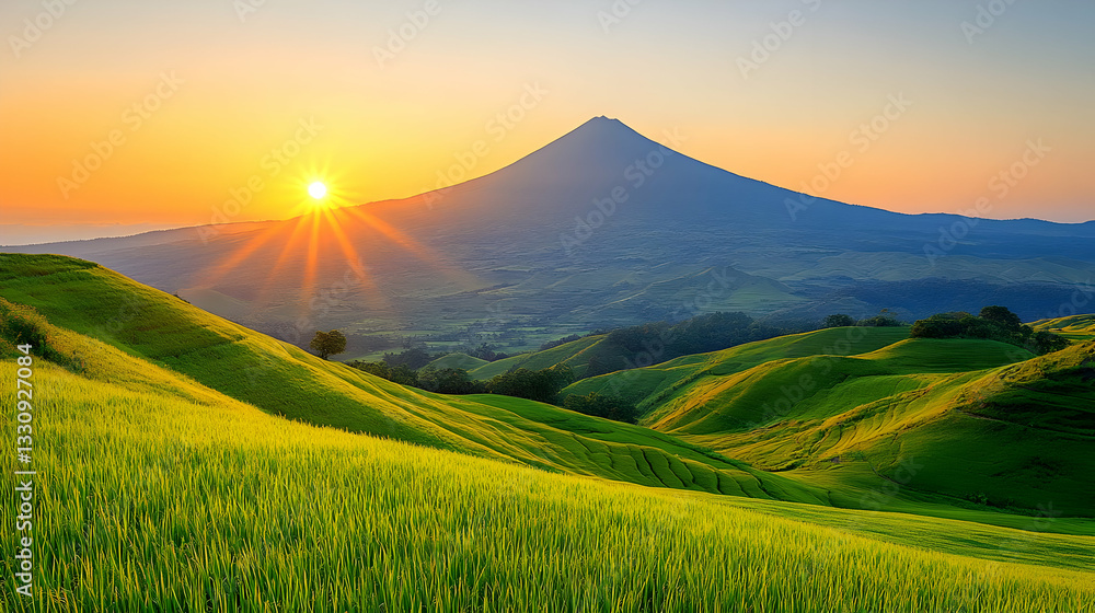 Fototapeta premium Vibrant Sunset Over Rolling Green Hills with Mountain Peak in the Distance with Warm Colors and Clear Sky in a Sunny Weather