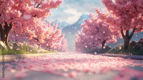 A road that seems to have no end, covered with pink cherry blossom petals in spring, surrounded by pink flower trees. 