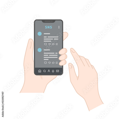 スマホでSNSのタイムラインをチェックするイラスト(線画･ダークモード)