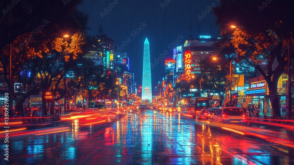 Obraz premium Cyber-fusion digital artwork of Buenos Aires' Obelisk, pulsating with futuristic neon circuits, symbolizing Argentina’s blend of tradition and innovation.Travel blogs, South America guides, urban phot