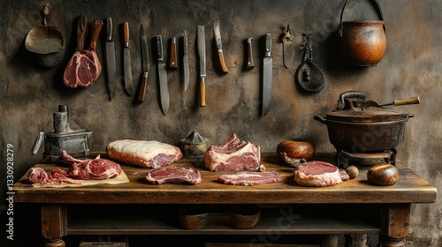 Traditional butcher table with assorted cuts of raw meat, vintage knives beside them.