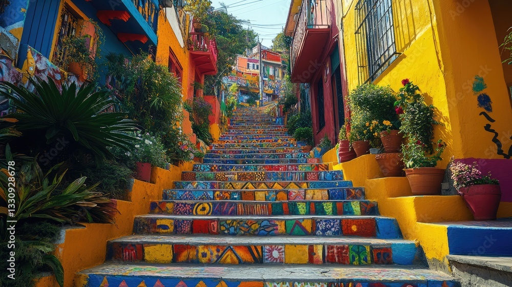 Obraz premium Valparaiso's colourful Chilean staircases, covered in vibrant murals and graffiti on the city's brightly coloured alleyways.