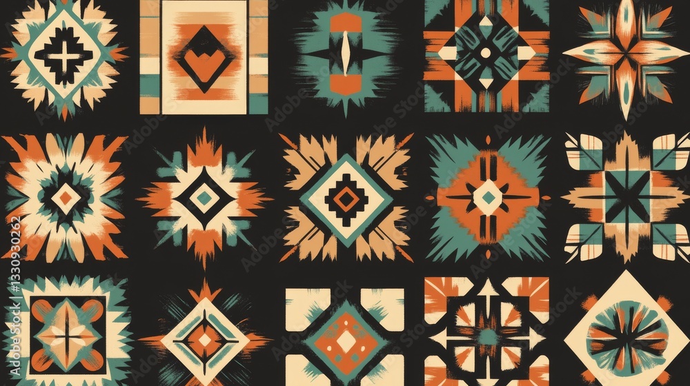 abstract native American motifs, geometric pattern collection, cultural design elements, minimal ethnic symbols, diamond and square arrangements, traditional inspired elements, turquoise and earth abstract native American motifs, geometric pattern collection, cultural design elements, minimal ethnic symbols, diamond and square arrangements, traditional inspired elements, turquoise and earth