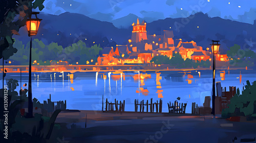 Serene night scene of a picturesque town nestled by a tranquil lake, illuminated by warm lamplight reflecting on the water's surface, creating a peaceful and idyllic ambiance.