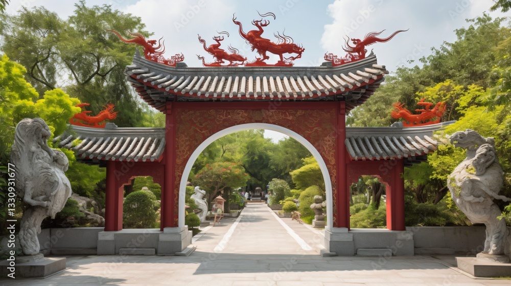 Traditional Chinese Garden Gate with Stone Lions and Dragon Statues Traditional Chinese Garden Gate with Stone Lions and Dragon Statues
