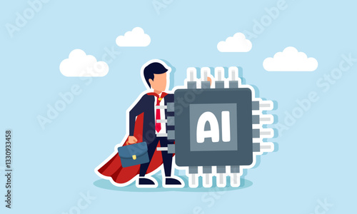 Super businessman stands holding an AI chip, illustration of a professional businessman capable of maximizing AI technology to enhance business performance