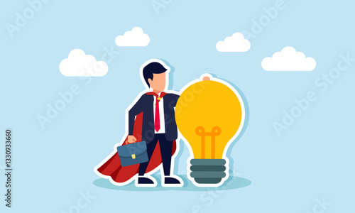 Super businessman stands holding a lamp, illustration of a professional businessman capable of identifying opportunities to generate business ideas and innovations