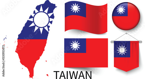 The different designs of Taiwan's national flags and the map showing Taiwan's borders