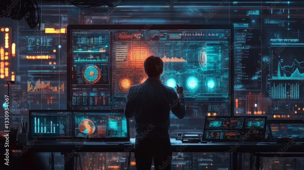 Cybersecurity Analyst Analyzing Data on Multiple Screens Cybersecurity Analyst Analyzing Data on Multiple Screens