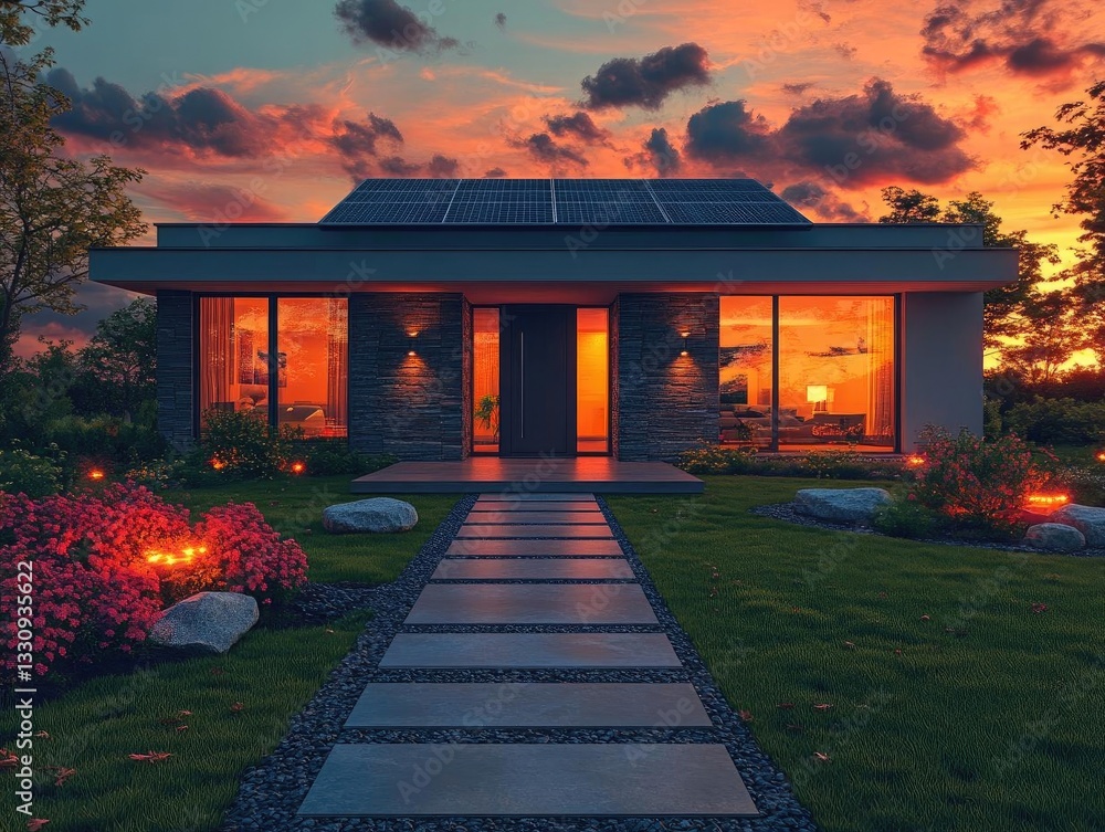 Fototapeta premium Modern House Design: Solar Roof, Sunset Views, Landscape