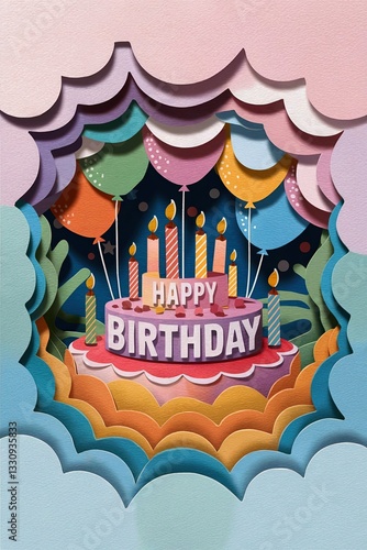 Colorful Birthday Cake with Balloons and Festive Decorations for Celebration