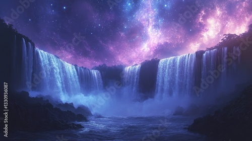 Wallpaper Mural Digital picture with series of luminous waterfalls cascading into dark blue pool under starry night sky for sites dedicated to fantasy art,blogs about the beauty of nature,themes dedicated to tranquil Torontodigital.ca