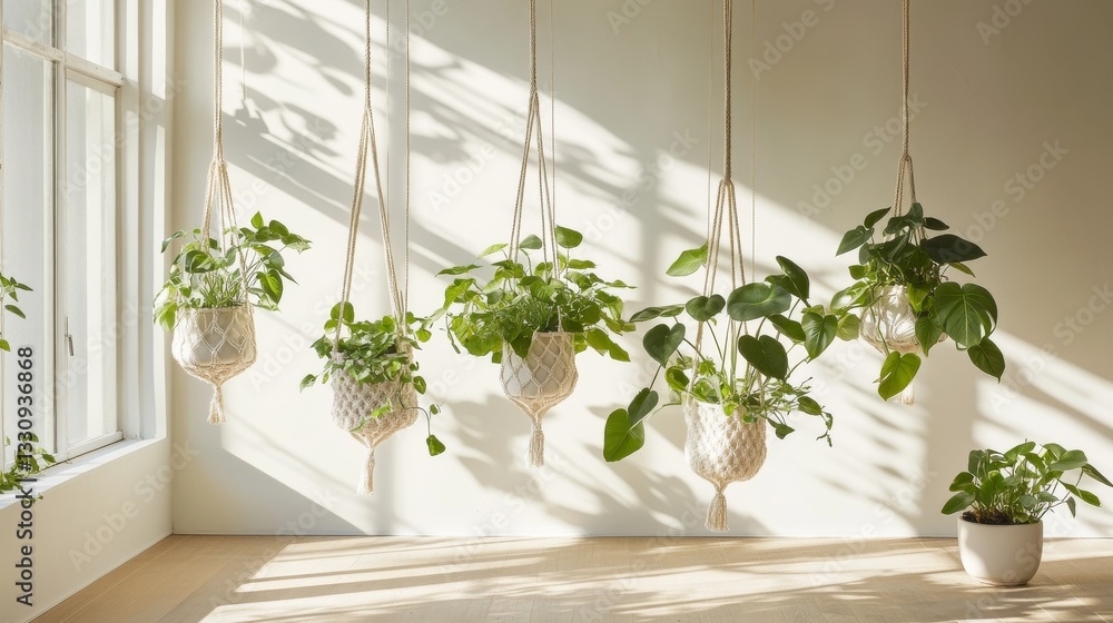 Fototapeta premium A modern minimalist living room setting with a collection of macrame-hanging plant holders in natural beige cotton, suspended at varying heights from a white ceiling, featuring lush Monstera