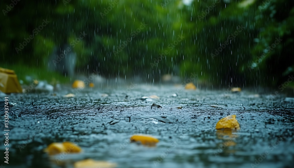 Fototapeta premium Rain falls on a street in forest.