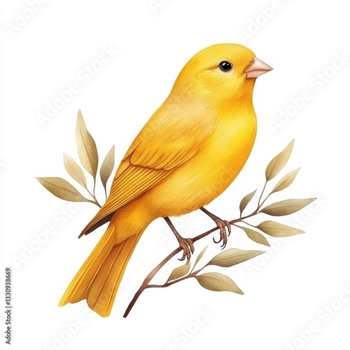 Bright Yellow Bird on Branch with Leaves in Soft Illustrated Style