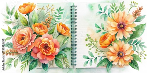Vibrant Watercolor Floral Composition Adorning a Spiral-Bound Sketchbook, Featuring Peach and Orange Blossoms with Lush Greenery