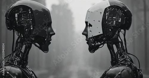 Two Monochrome Robots Face Each Other in Foggy Industrial Setting