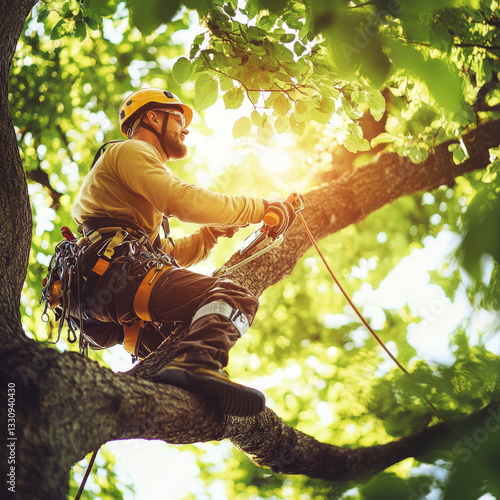 Wallpaper Mural skilled arborist climbs large tree, harnessed and focused, surrounded by vibrant green leaves and sunlight filtering through branches Torontodigital.ca