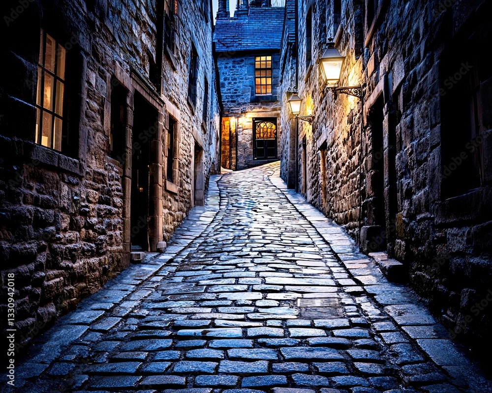 Cobblestone Alley at Night with Warm Lantern Glow in Historic Town Cobblestone Alley at Night with Warm Lantern Glow in Historic Town