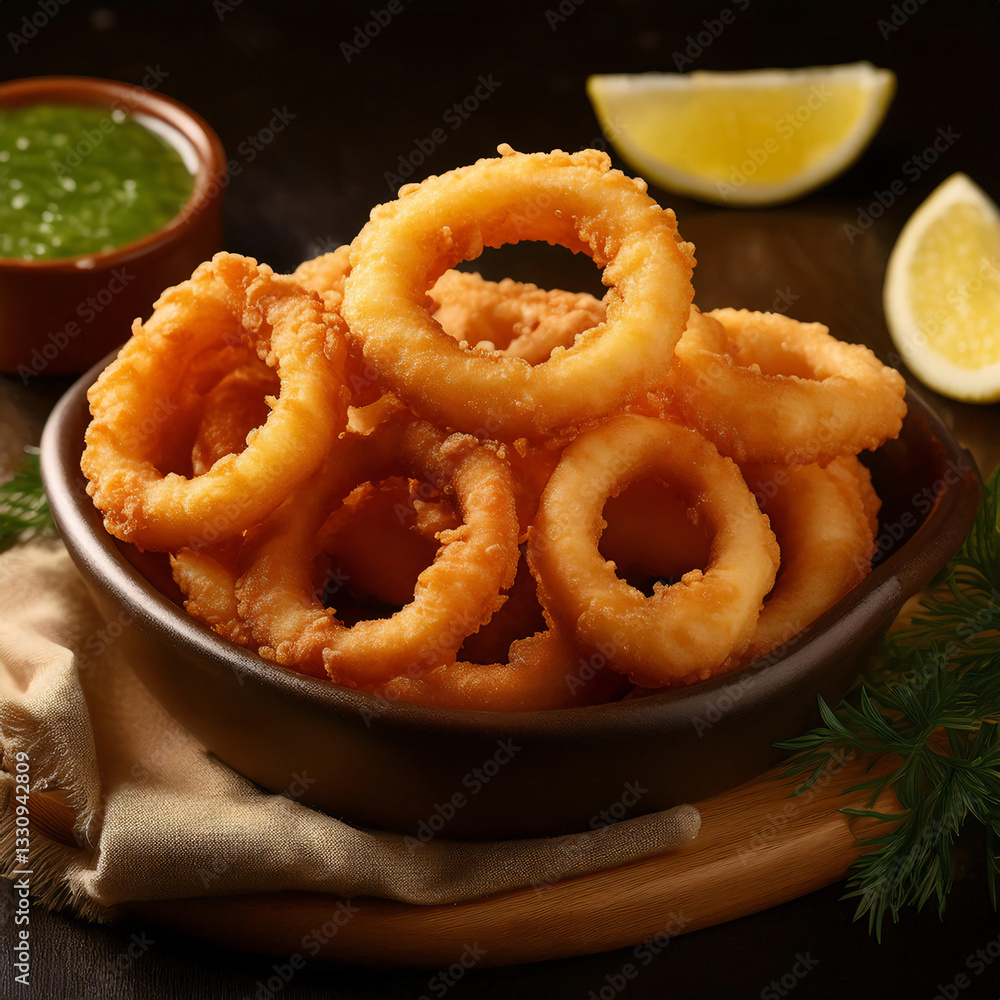 Crispy Golden Onion Rings with Fresh Dipping Sauce and Lemon Crispy Golden Onion Rings with Fresh Dipping Sauce and Lemon