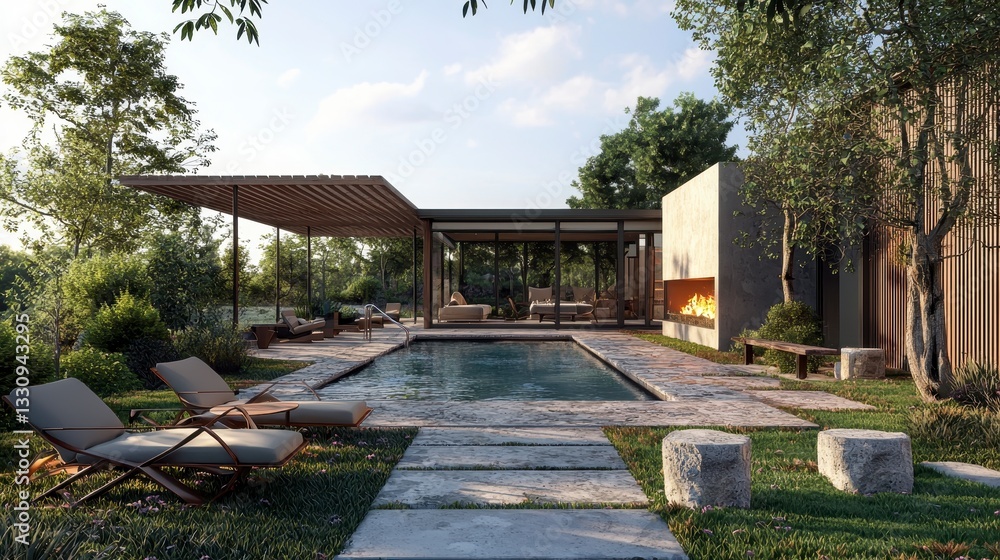Modern Outdoor Oasis with Swimming Pool and Cozy Lounge Area Modern Outdoor Oasis with Swimming Pool and Cozy Lounge Area
