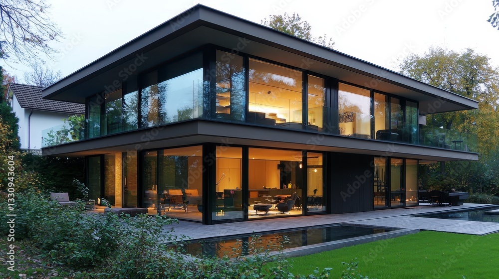 Fototapeta premium Modern Glass House Surrounded by Nature and Greenery at Dusk