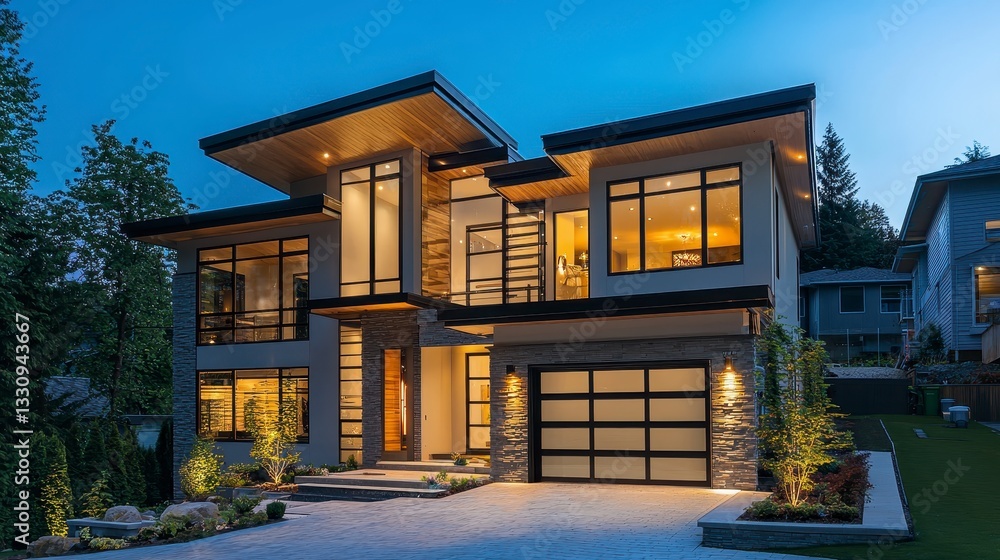 Fototapeta premium Modern Contemporary Home Exterior at Twilight with Warm Lighting