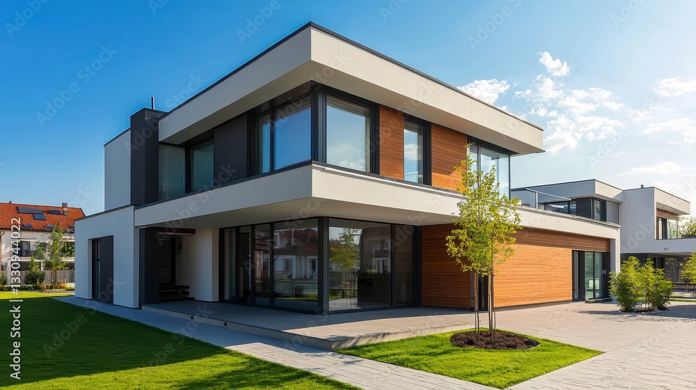 Fototapeta premium Modern Architectural Home with Large Windows and Clear Sky